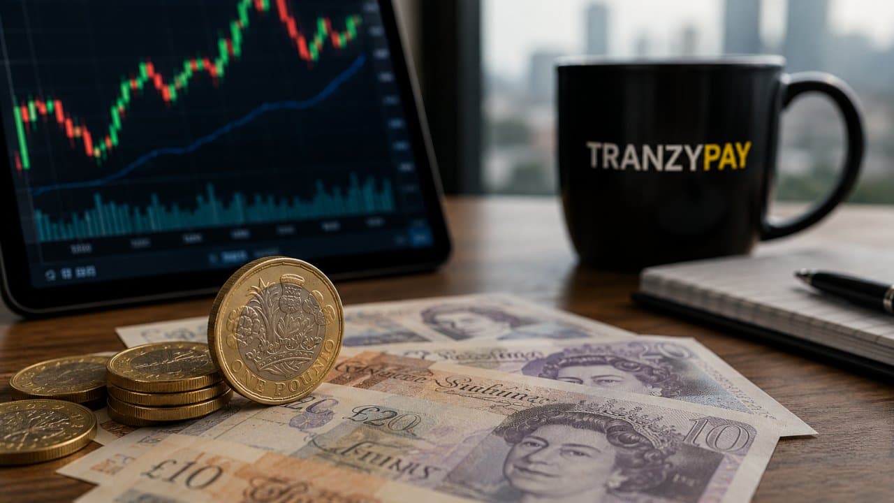 A TranzyPay mug beside sterling notes and an FX chart